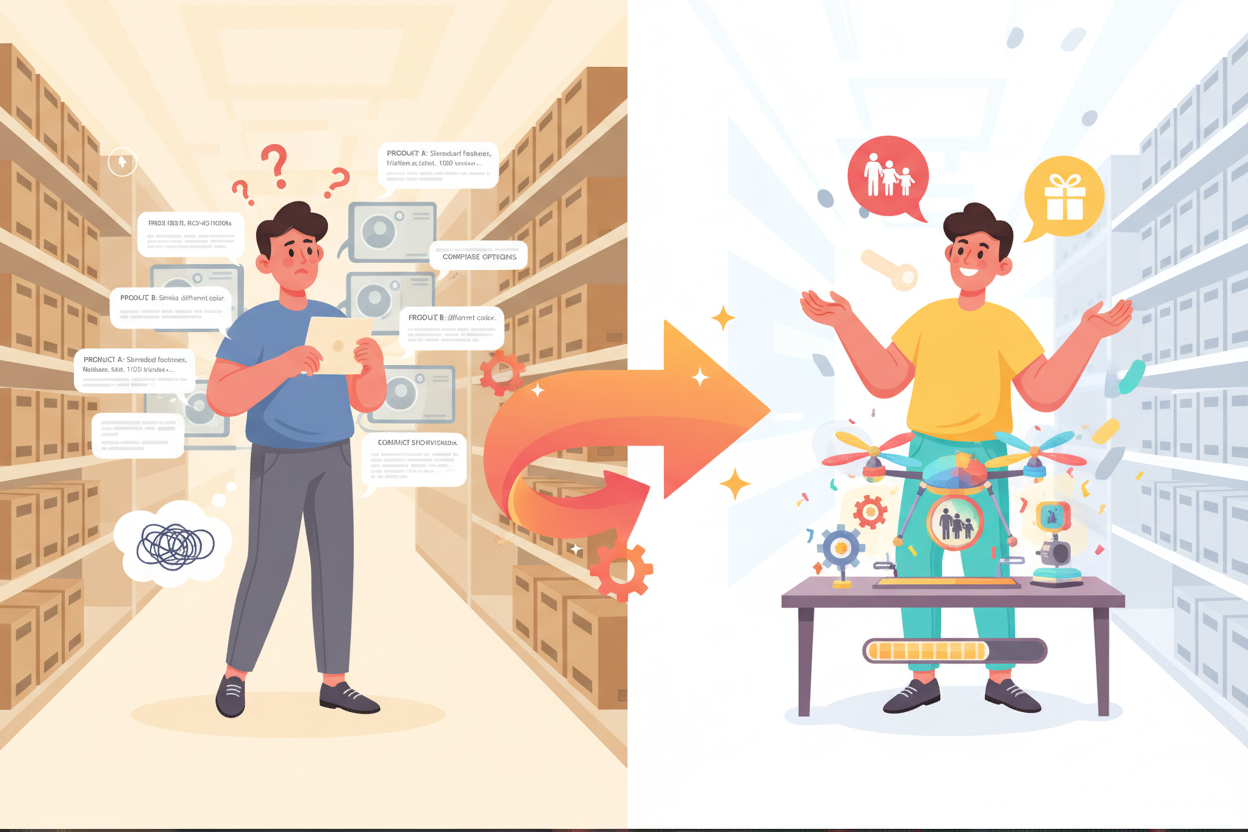 ショッピング体験の変化を表すBefore/Afterイラスト